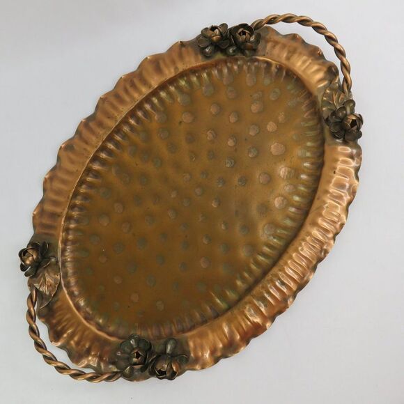Gregorian Copper Serving Tray Hand Hammered Oval w Applied Flowers Twist Handles - Picture 2 of 10